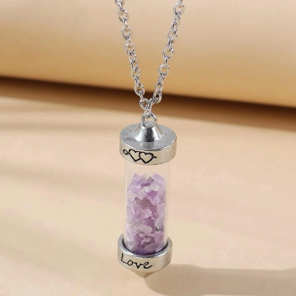 Amethyst Love Vial Tiny Lavender Float Stone Engrave Bottle Chakra Heart Pendant - Picture 4 of 16
